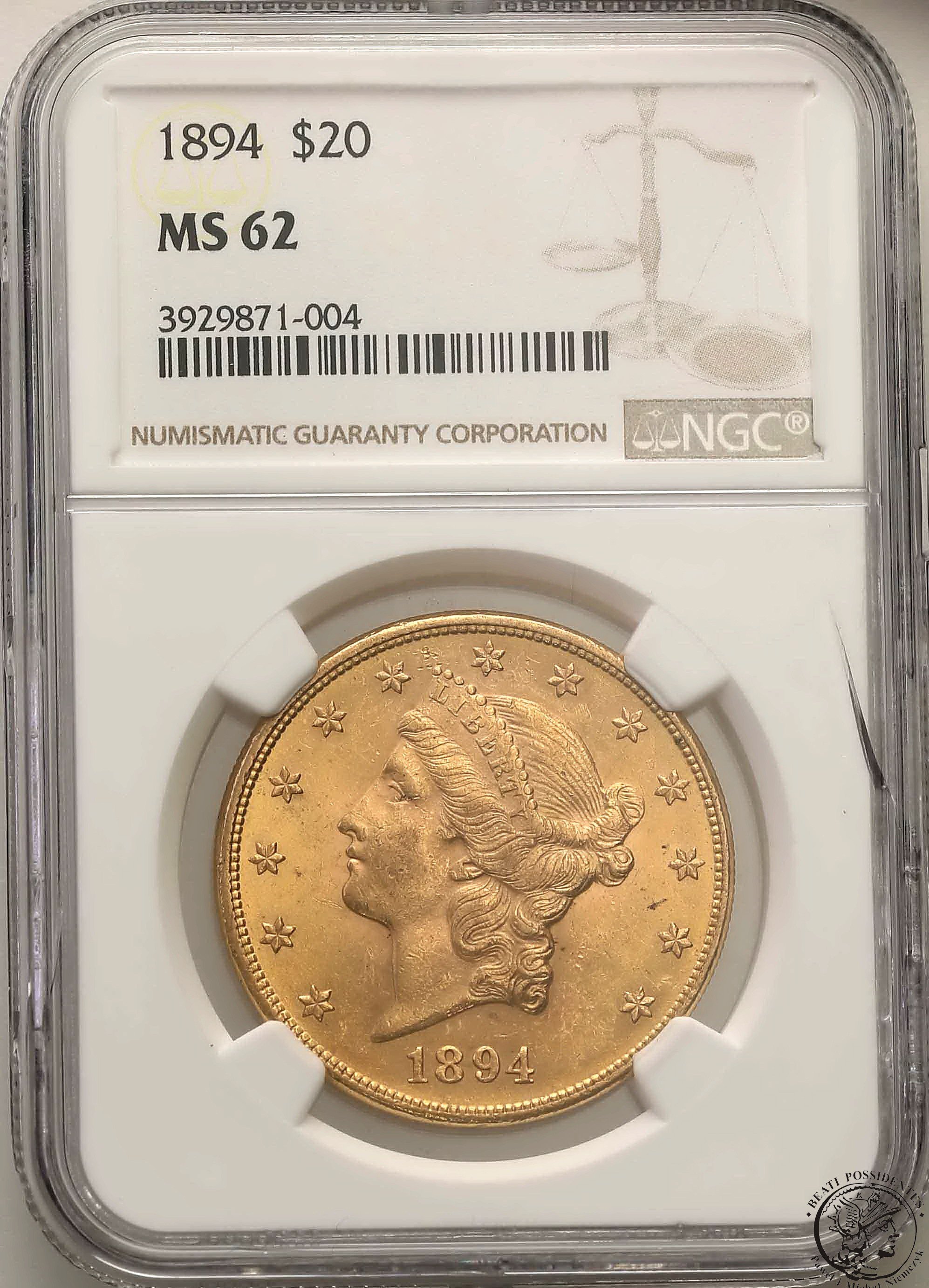 USA 20 dolarów 1894 Philadelphia NGC MS62